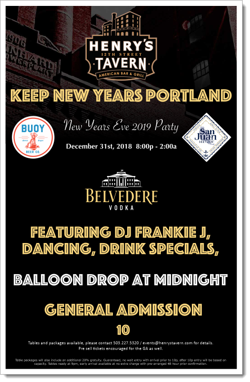 Portland New Years Eve Party 2019 @ Henry&#039;s Tavern | Balloon Drop, DJ Frankie J, Dancing, Drink