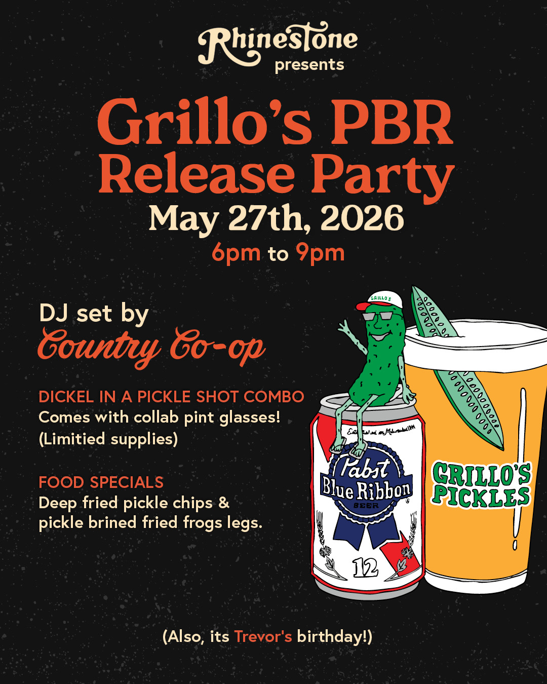 Grillo's PBR Release Party @ Rhinestone | Pickle Shots, Food